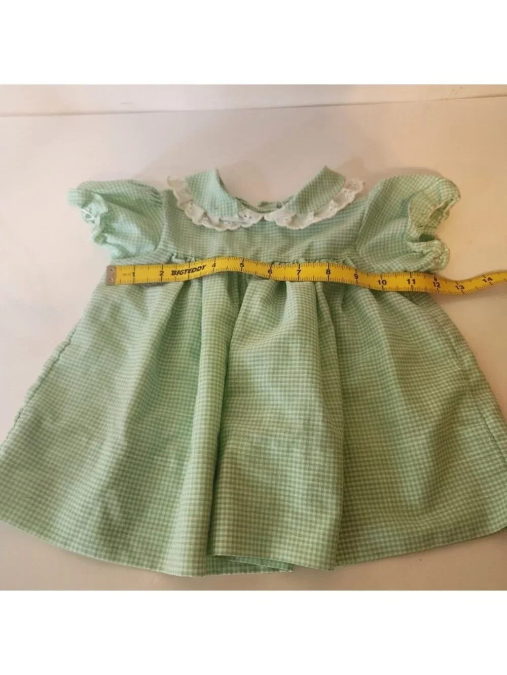 Vintage Handmade Gingham Baby Dress Set fit 6m-2y Lace peter pan collar 2pc
